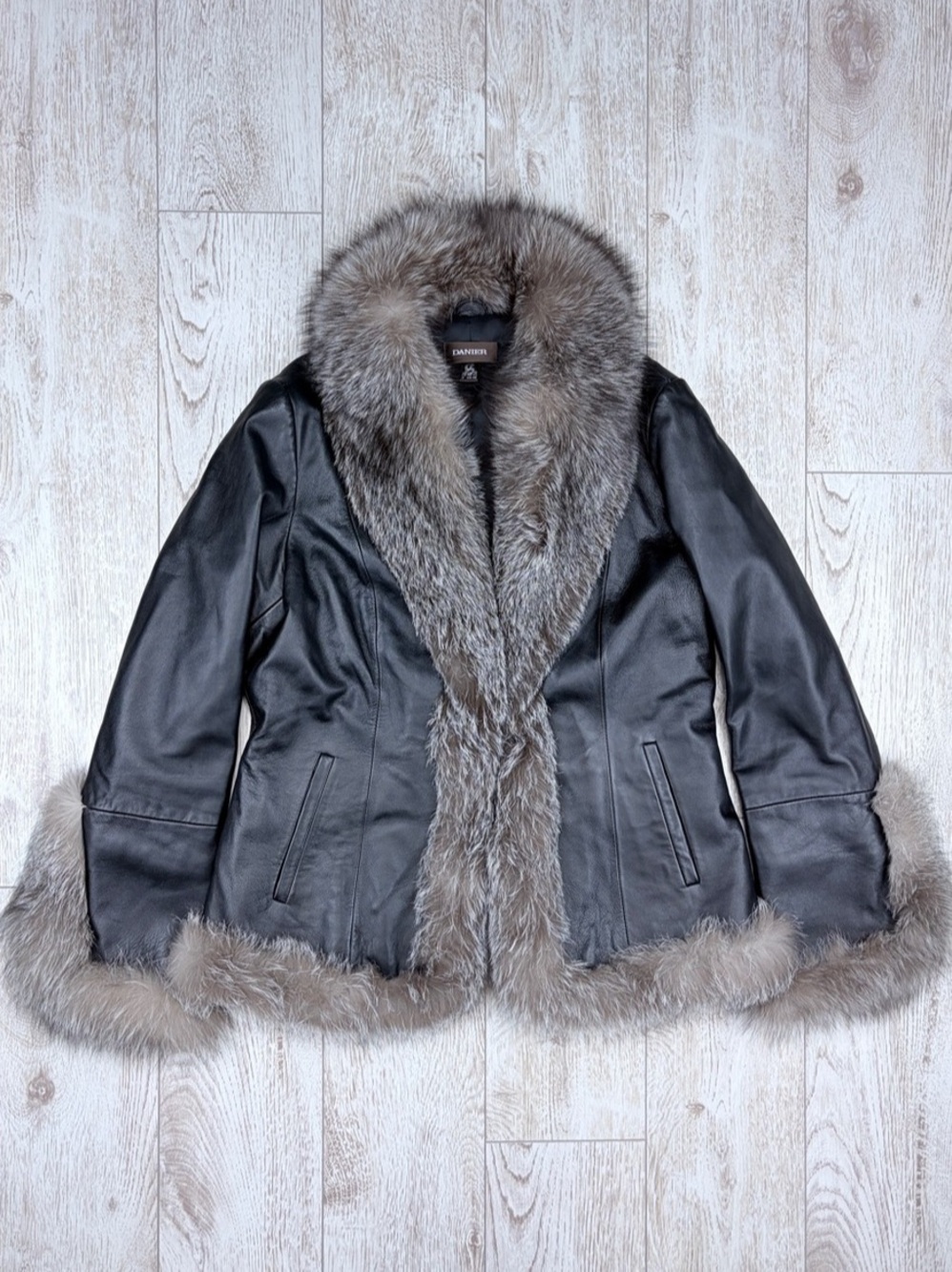 DANIER Size M Black Genuine Leather Jacket With Fox Fur Collar and Cuffs